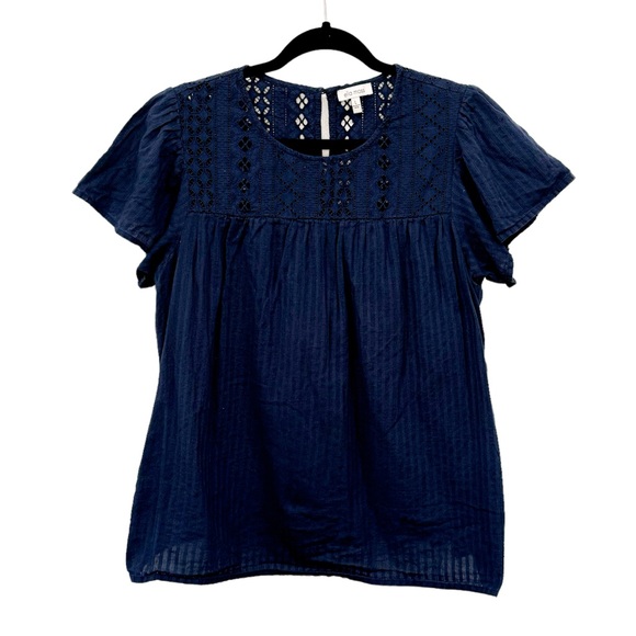 ELLA MOSS Brianne Navy Blue 100% Cotton Eyelet Peasant Top Size Large - Picture 1 of 9